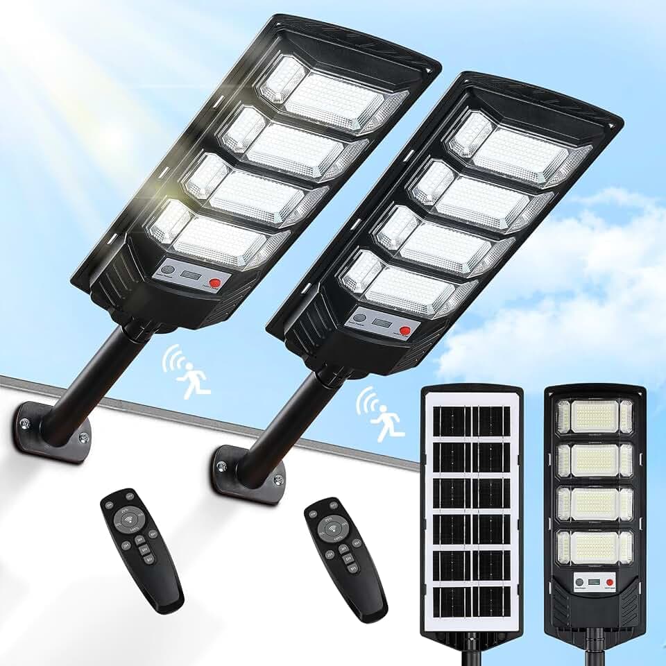 2 Pack Solar Street Lights Outdoor Waterproof 10000LM 6500K, Solar Light Outdoor Dusk to Dawn with Wide Angle Motion Sensor and Remote,Parking Lot Lights for Area Lighting Yard