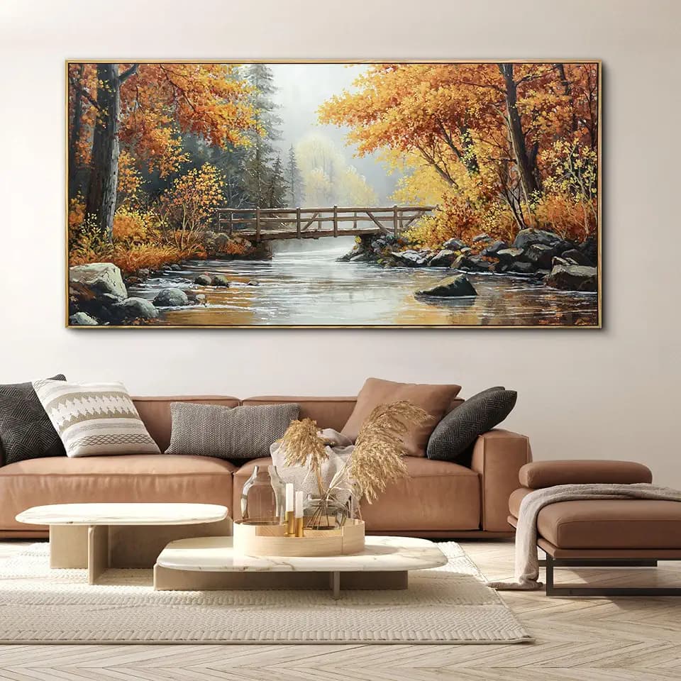 KLAKLA Canvas Wall Art - Rustic Landscape Burnt Orange Forest Tree Creek Print Picture Framed Artwork for Living Room Bedroom Office Wall Decor - 40x20 Inches