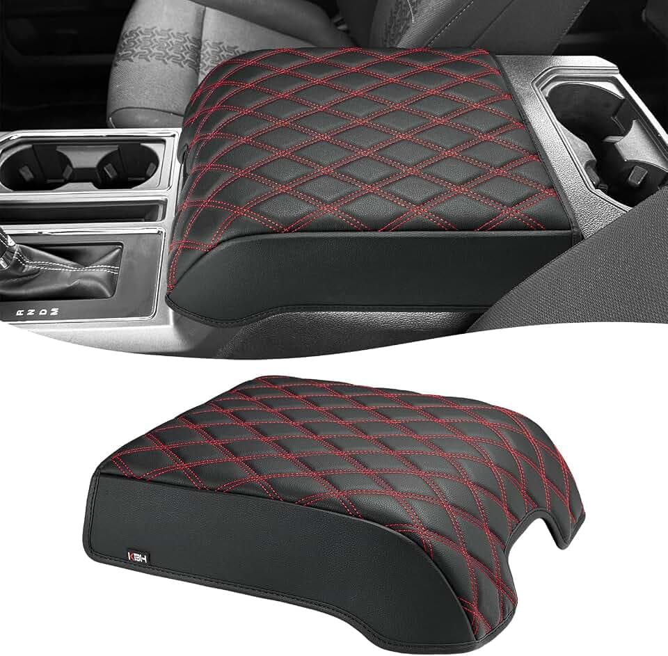 KBH Auto Center Console Armrest Cover for 2015-2020 Ford F150, 2017-2022 F250 F350 F450 F550, 2018-2024 Expedition, Bucket Seat Only, Anti-Scratch, Black-Red Stitch (Not for Other Years)
