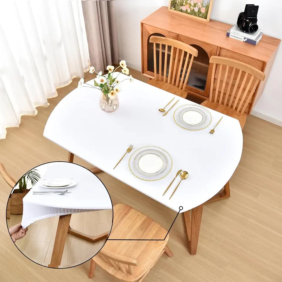 Oval White Fitted Tablecloth with Elastic 48x72 inch for Oval Tables Washable Stretchy Spandex Fabric Table Cover Cloth Not Vinyl Table Protector