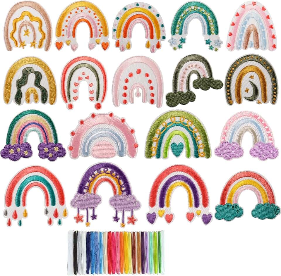LUKIUP 18 Stück Regenbogen Aufnäher Aufbügler, Regenbogen Bügelbild und 21 Farben Nähgarn, Für Kleidung Jeans Jacken Handtaschen Schuhe DIY-Aufnäher Kleidung Reparieren Sie das Loch