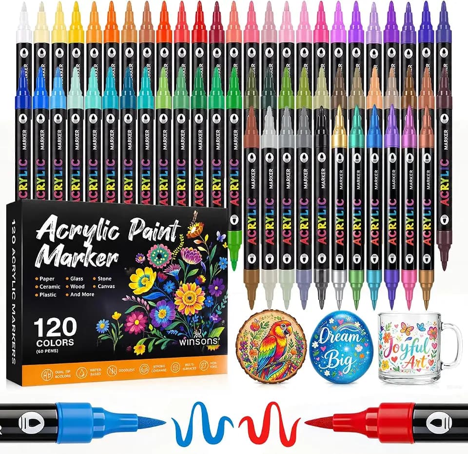 WINSONS 120 Colors Acrylic Paint Markers Dual Tip Dual Colors Brush Tip Pens for Rock Painting Supplies, Canvas, Wood, Calligraphy, Metal, Glass, DIY Crafts Art Supplies Kit (120 Colors - Dual Colors)