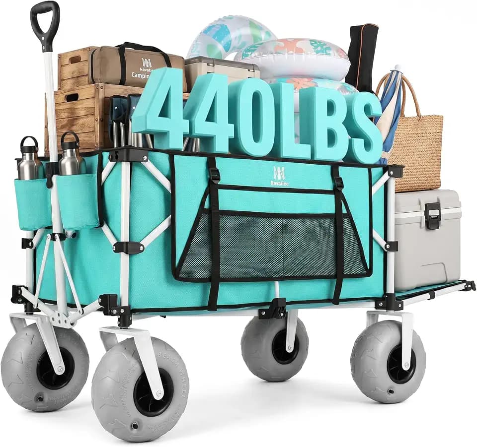 Navatiee 260L Beach Wagon with Extended Tailgate, 440lbs Heavy Duty Beach Cart with 9” Big Balloon Wheels for Sand, Collapsible Folding Wagon with Side Pocket for Outdoor, Light Blue