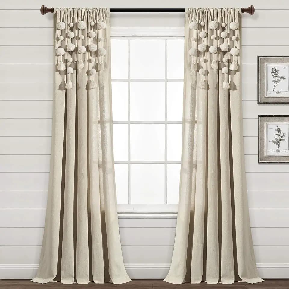 Lush Decor Boho Pom Pom Tassel Linen Textured Window Curtain Panel, Single 52" W x 95" L Linen -