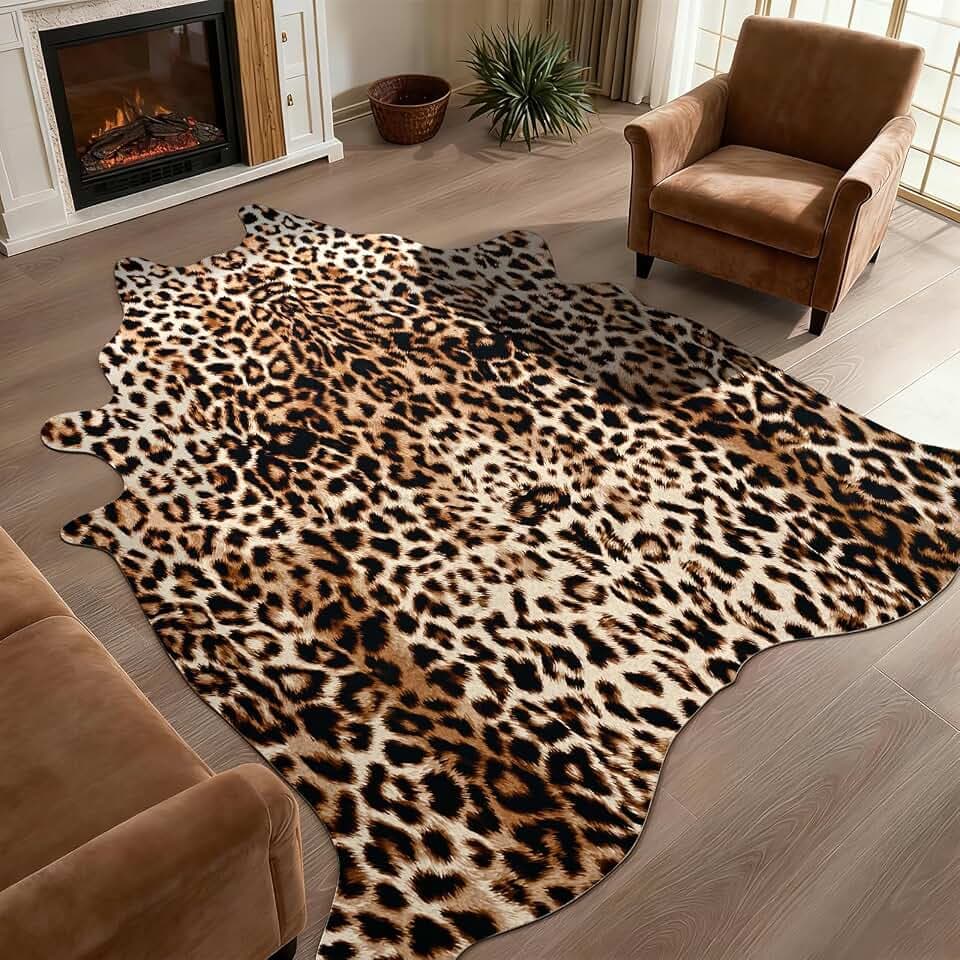 DweIke Faux Leopard Print Rug for Living Room, 4.6 x 5.2 ft Western Animal Cheetah Hide Rugs, Non Slip Cool Leopard Fur Skin Carpet for Bedroom Dining Room Farmhouse Entrance Home Decor, Dark Brown