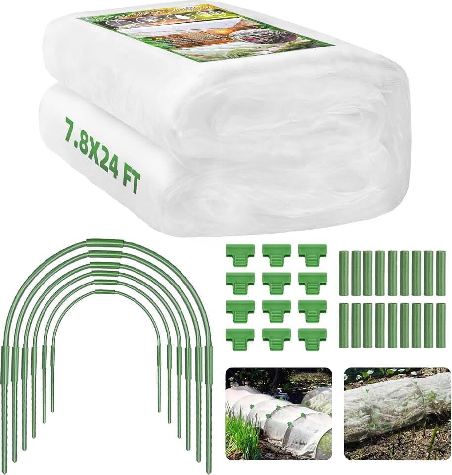 U0U Garden Mesh Netting Kit,7.8 x 24 Ft Plant Netting with Hoops,Bird Net for Garden with 6 Sets Garden Hoops & 18 Clips,Garden Net Bed Cover for Plants Birds Animals Protection (White)