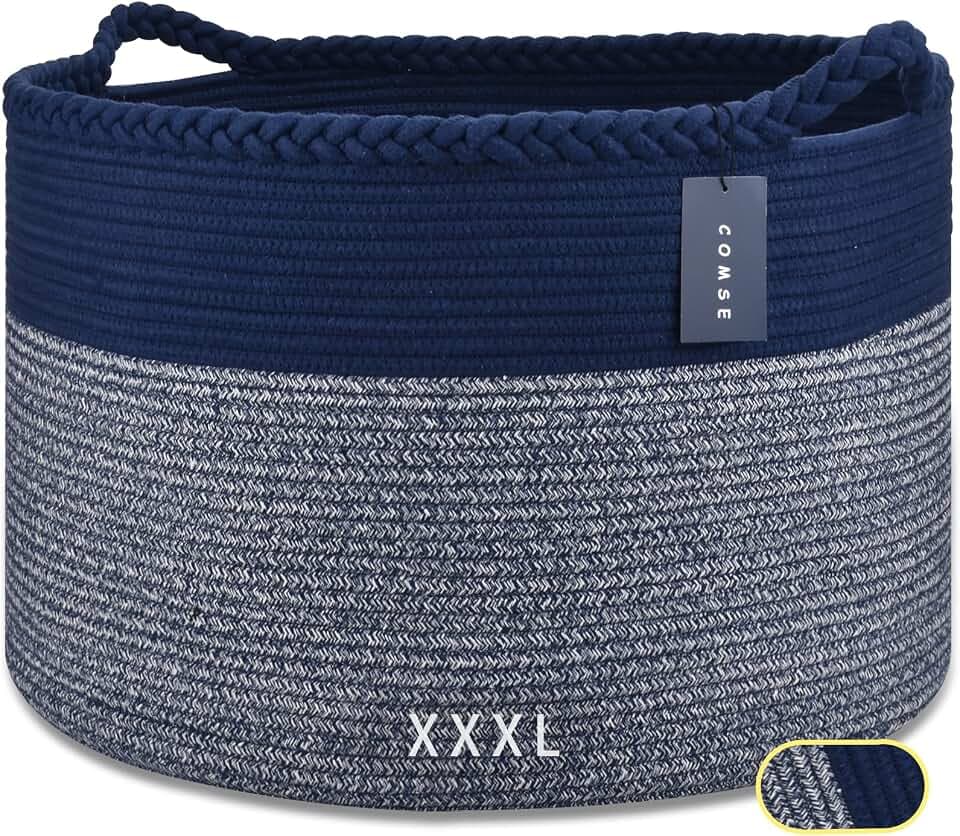 COMSE XXXLarge Woven Blanket & Laundry Basket, 87L, Navy Blue