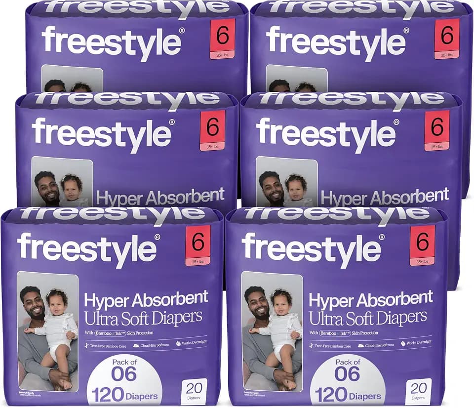 Freestyle BambooTek Diapers – (Size 6) Hyper Absorbent & Non-Toxic – Disposable Diapers for Sensitive Skin – Ultra Soft Diapers (35+ lbs) – 120 Count