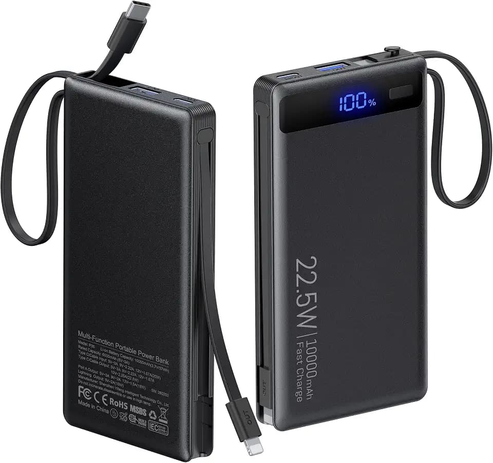 10000mAh Power Bank Built-in 2 Cables,40% Thinner 22.5W PD Portable Charger