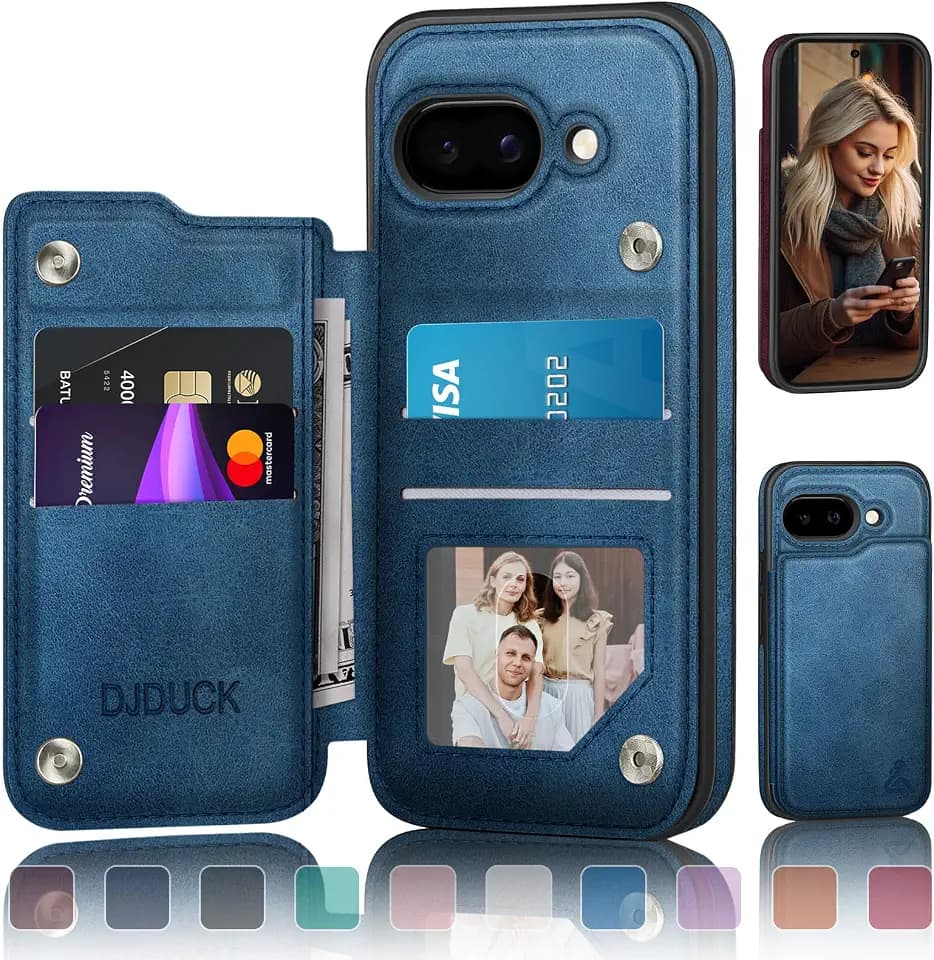 DJDUCK Designed for Google Pixel 9A Case Wallet with Card Holder, [RFID Blocking Leather Protection] [Magnetic Clasp Cover] Shockproof Men Women Cases for Pixel 9A Bright Blue