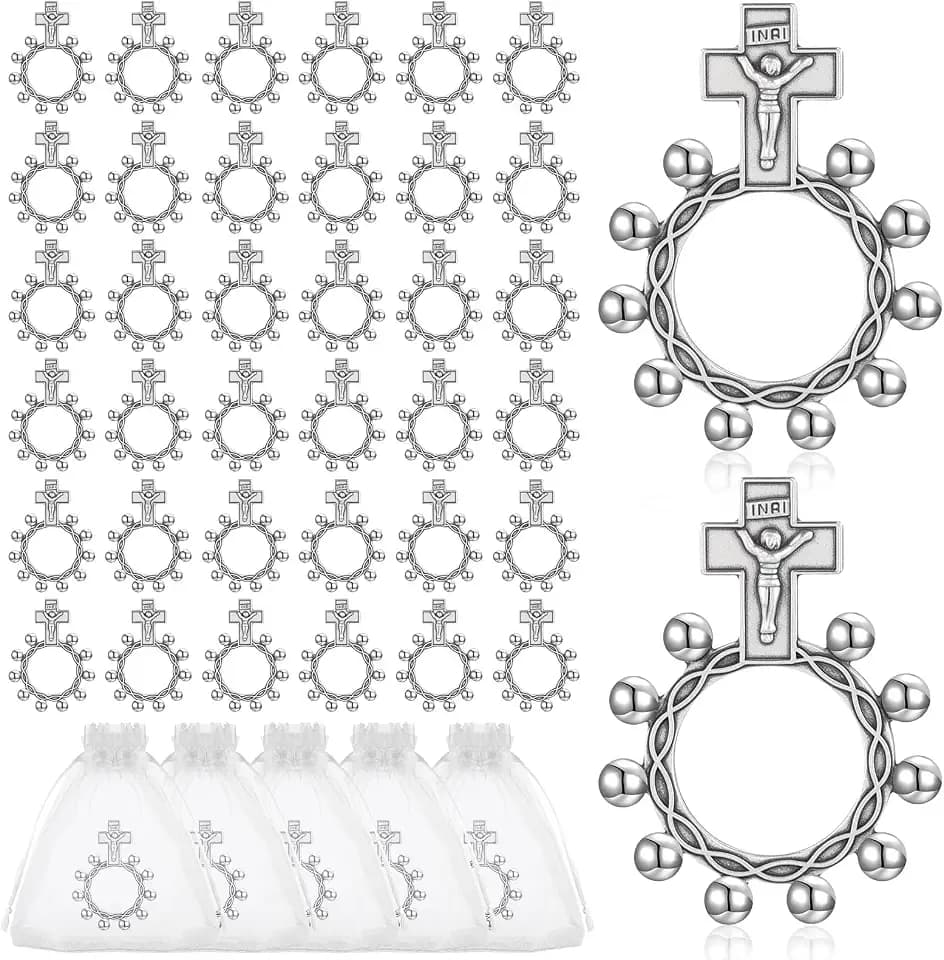 80 Set Finger Rosary Rings Bulk Silver Metal Rosary Rings Pocket Finger Rosaries Small Pocket Cross Prayer Catholic Rin-gs with Organza Bags for Baptism Favors Baby Shower Quinceanera Funeral
