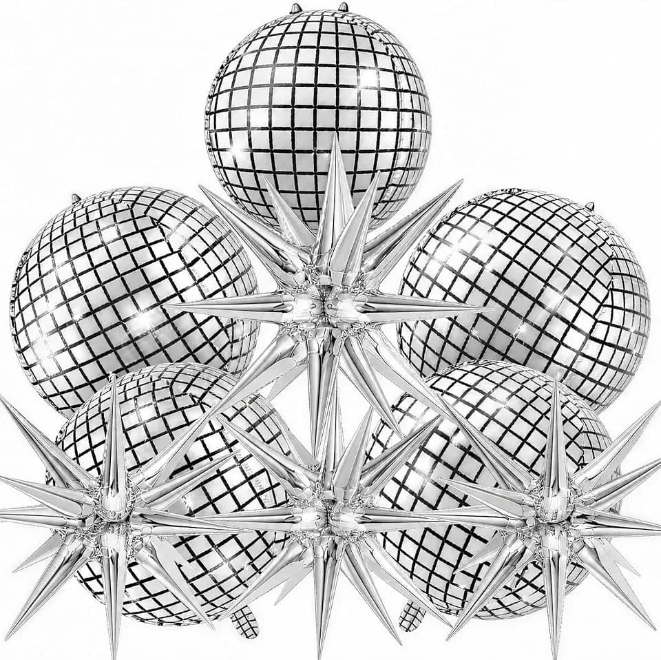 9 Pcs Silver Foil Balloons 22 Inch Metallic Silver Disco Ball Balloons Chrome Explosion Stars Balloon for Birthday Bachelorette 70s 80s 90s Themed Graduation Retro New Year Prom Party Decor