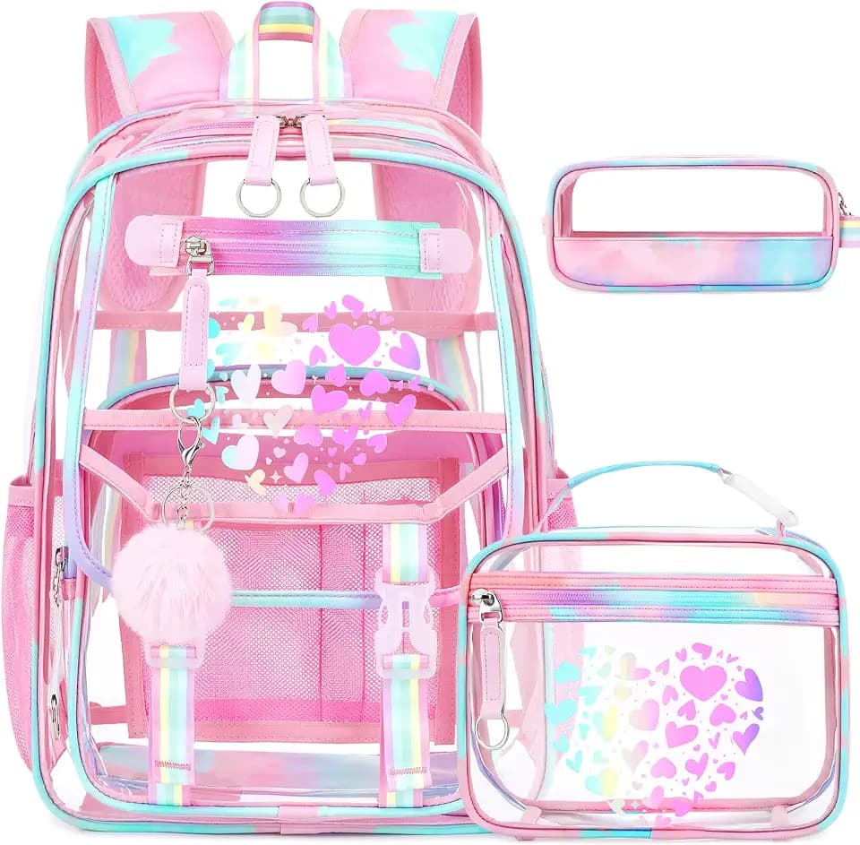 FIXITOK Girls Clear Backpack with Lunch Bag Pencil Pouch Cute Clear Bookbag