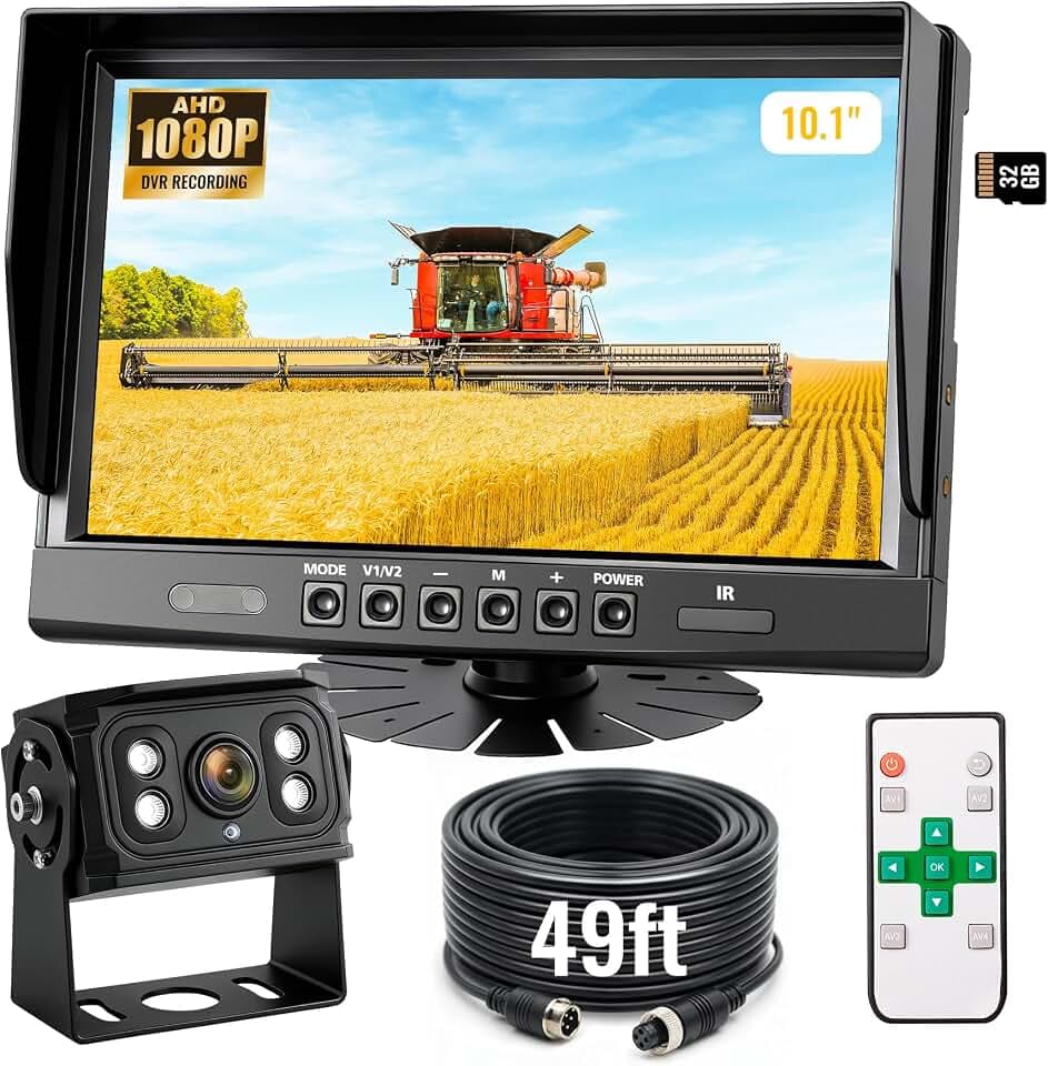 10.1" 1080P Wired Backup Camera System, DVR Rear View Camera, IP69 Waterproof IR Night Vision, 20G Vibration-Proof for Trailer/Tractor/Truck/Combine/Caravan/Skid Steer/Heavy Equipment/UTV, Y5