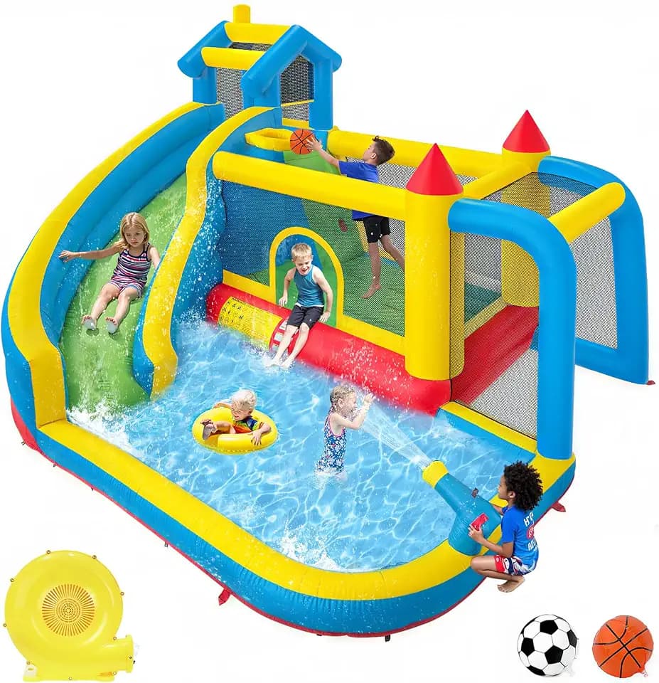 Inflatable Water Slide Bounce House for Kids Backyard, 10 in 1 Blow Up Bouncy Park with Climbing Wall, Football Shooting, Jumping Trampoline, Indoor and Outdoor, Obstacles with Blower, 11.9x10.3x7.8Ft