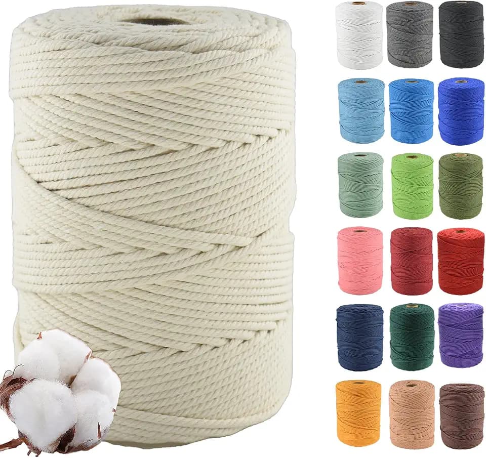 3mm×500m Natur Macrame Baumwollkordel - Baumwoll-Macrame-Seil, 4-Fach verdrillt aus 100% natürlicher Baumwolle für handgemachte Wandbehänge, DIY, Basteln, Stricken