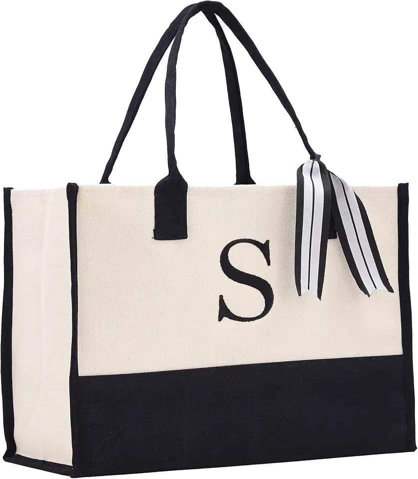 VANESSA ROSELLA Personalized Gift Monogram Initial 100% Cotton Two Tone Chic Tote Bag with Customize Option - Black