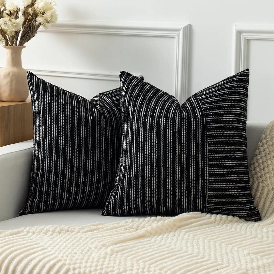 Kevin Textile Ink Black and Beige Patchwork Farmhouse Pillow Covers 20x20 Inch, Pack of 2 Striped Linen Decorative Modern Accent Pillow Cases for Sofa Couch Bedroom