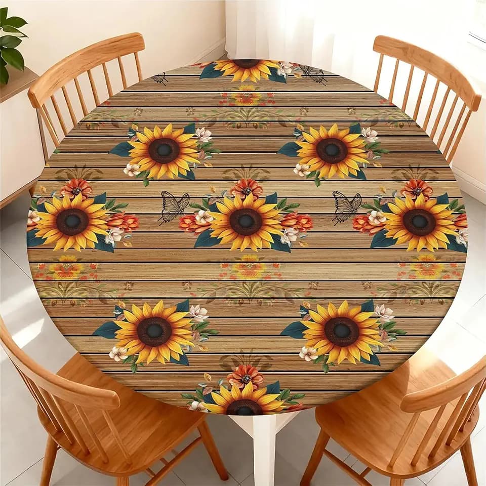 Elastic Tablecloth for Round Tables, Waterproof Tablecover for Up to 61"-65" Round Table, Dining Tablecover for Indoor and Outdoor, Holiday, Sunflower