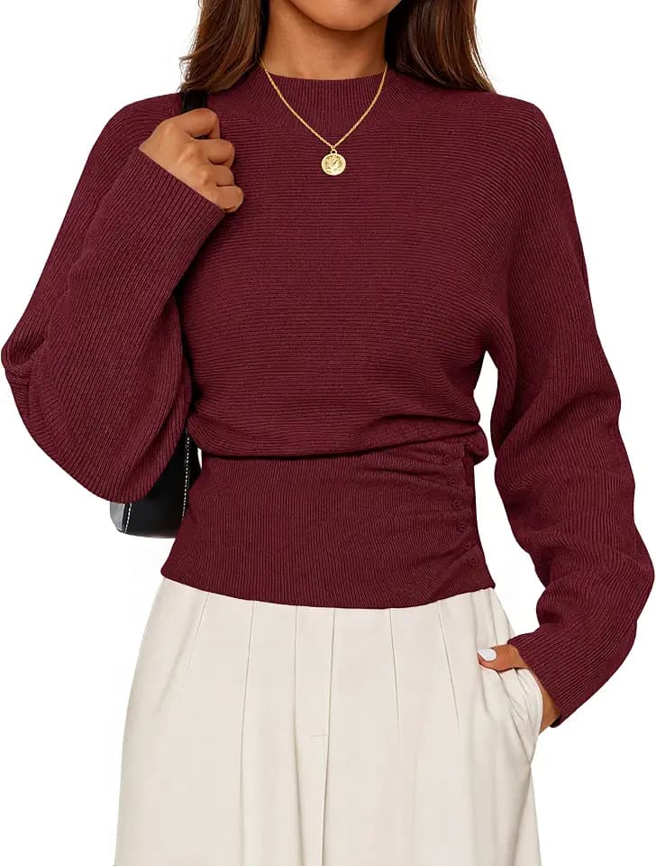 MEROKEETY Women's Fall Mock Neck Batwing Sleeve Sweater Trendy Knit Tops