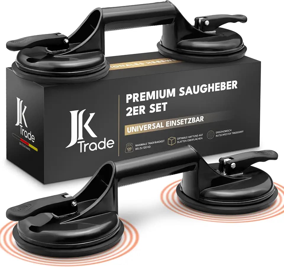 JK Trade® 2er Set Saugheber mit Tragegriff | rutschfester Vakuumheber mit Haltegriff bis 120 kg Tragkraft | Saugnapf Hebewerkzeug als Transporthilfe für Glasscheiben, Fliesen, Autoscheiben, Trockner