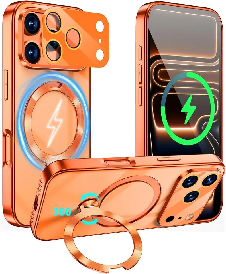 for iPhone 17 Pro Case with 360° Ring Stand Bright Orange