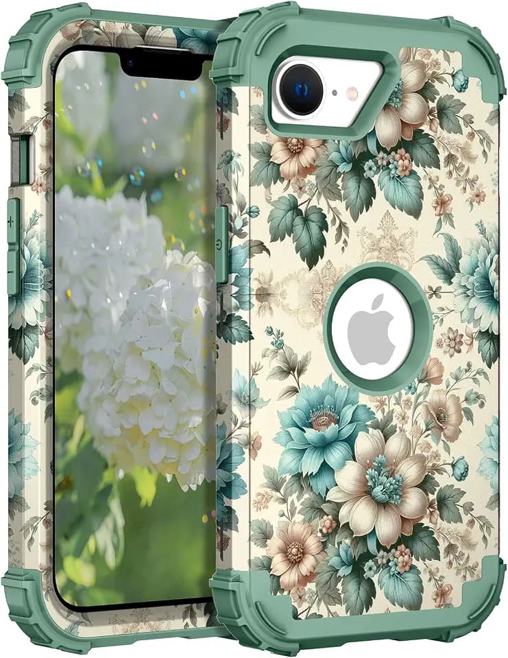 Hocase Heavy Duty Case for iPhone 17e/iPhone 16e, Teal Blue Flowers