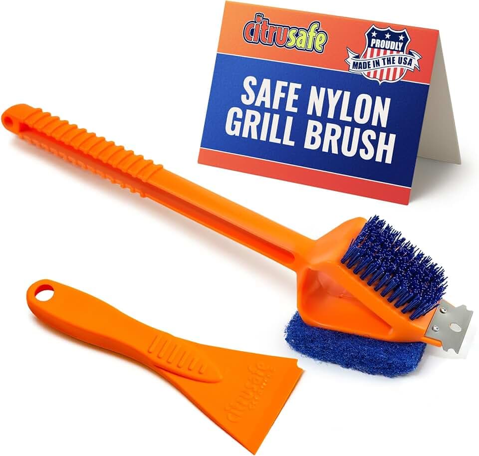 CitruSafe 3in1 Nylon Grill Brush with Cookbox Scraper - Made in USA - Non Metal, No Wire Bristles, Safe BBQ Brush for Outdoor Grills - Grilling Accessories & Tools to Clean Cool Grill Grates