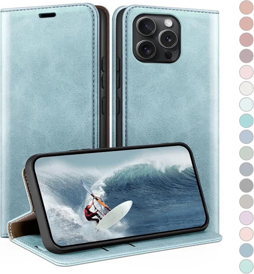 HUOUH für iPhone 13 Pro 6.1" Hülle mit RFID Schutzhülle aus Lederhülle Handyhülle,Kartenfach Leder ständer Handy hülle,360 Grad Schutz Cover für Apple 13 Pro Klapphülle Wallet Case Hellblau