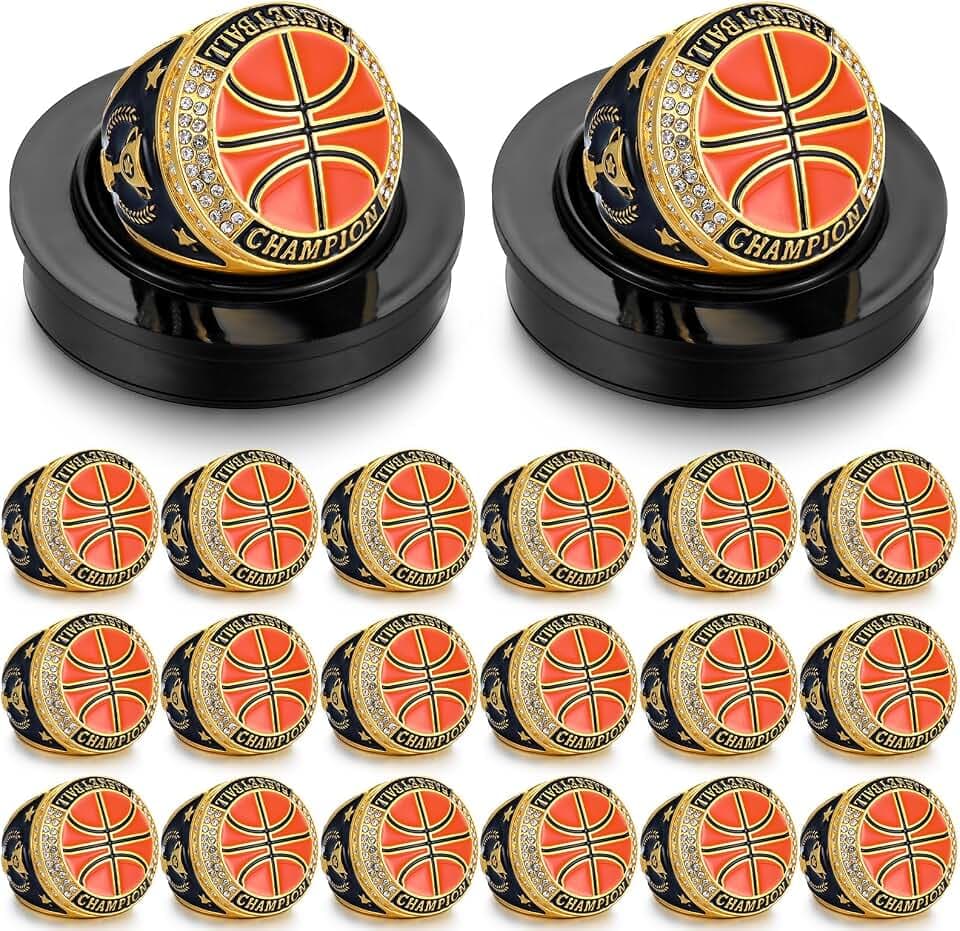 Highergo 20 Pcs Baseball Softball Basketball Football Champion Rings with Display Neck Chain and Stand Volleyball Soccer Cheer Trophy Rings Bulk for Tournament Award Gift