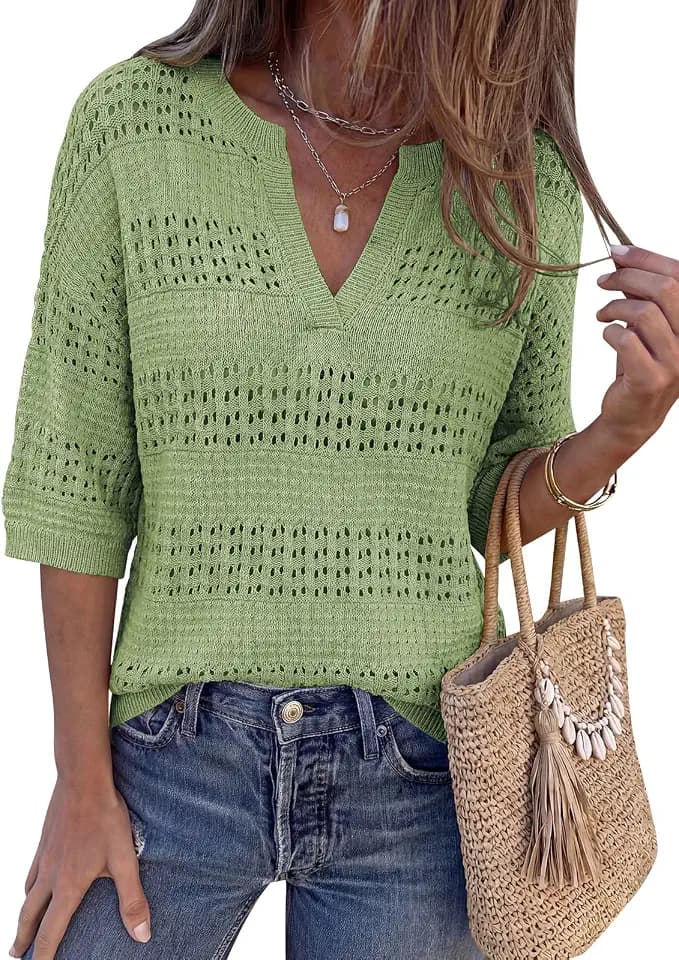 PRETTYGARDEN Womens Crochet Tops Casual Cotton Hollow Out Knit Short Sleeve Oversized Sweater for Women Summer Beach Cover Up
