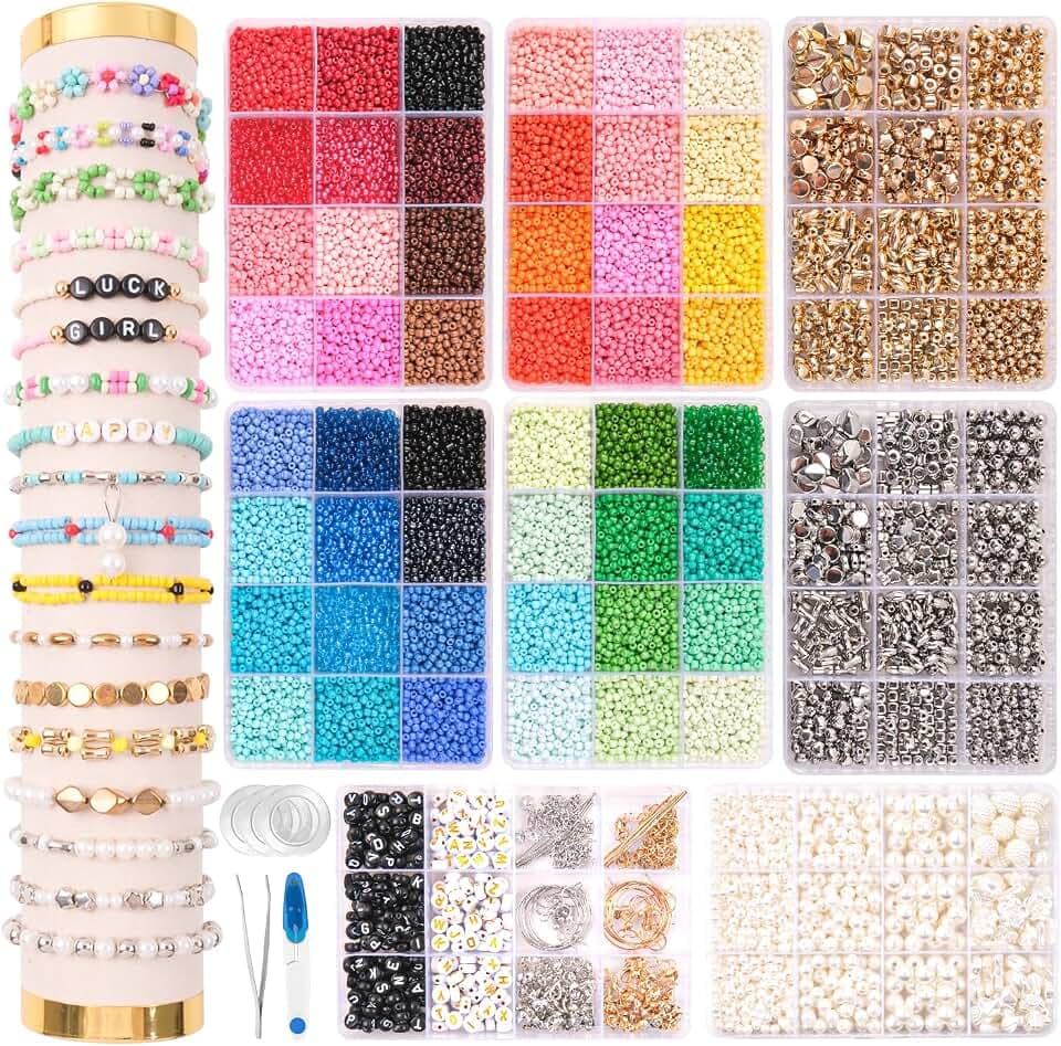 JHWELRG Perlen für Armbänder,Selber Machen Perlenset 8-Kits,mit Buchstabenperlen und Weiß Goldene Silber Perlen,armband perlen set für Weihnachten Feiertage Geburtstage Belohnungen