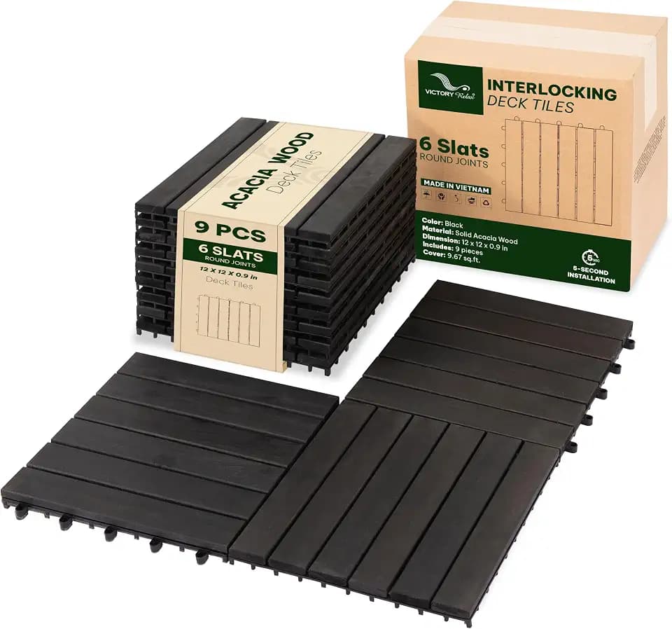 VICTORY RELAX Natural Acacia 12x12 Interlocking Wood Deck Tiles for Balcony, Garden, Patio, Poolside Decor - Waterproof Indoor & Outdoor Flooring - 6 Slats, Round Joints, Pack of 9, Black Color