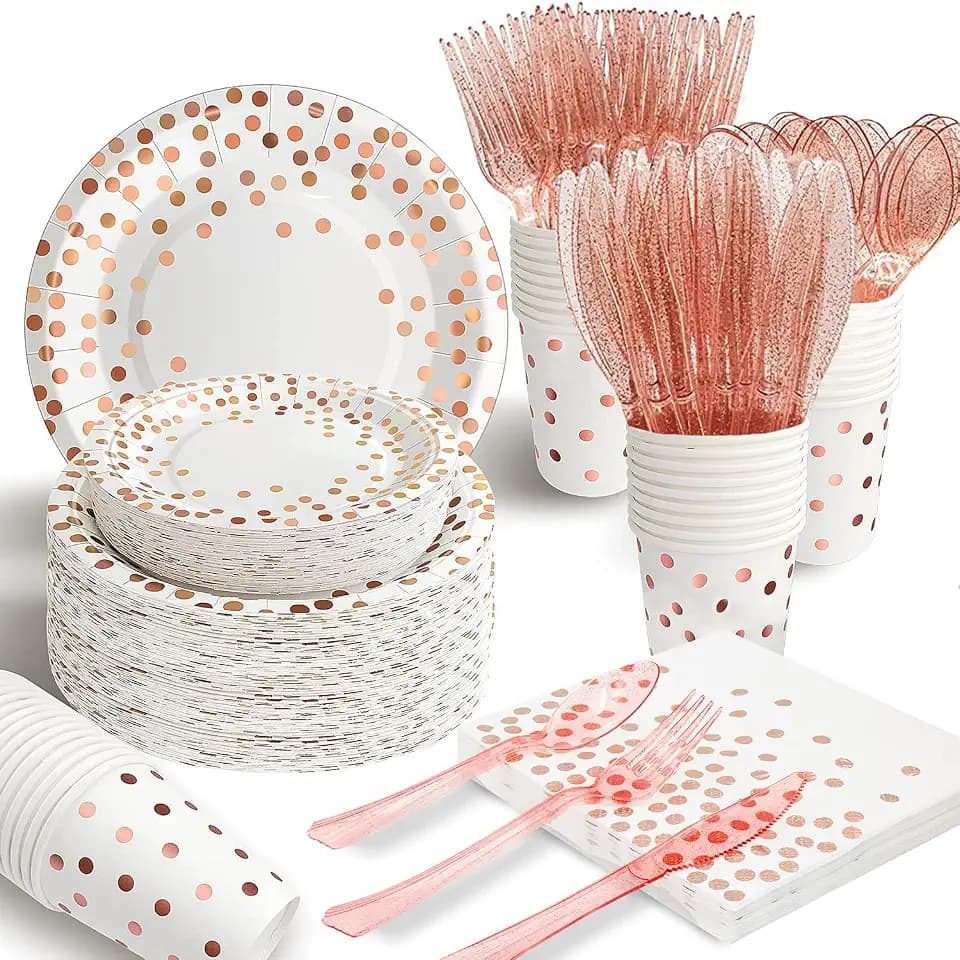 AIRE Rose Gold Paper Plates Set, 350PCS Disposable Tableware for 50