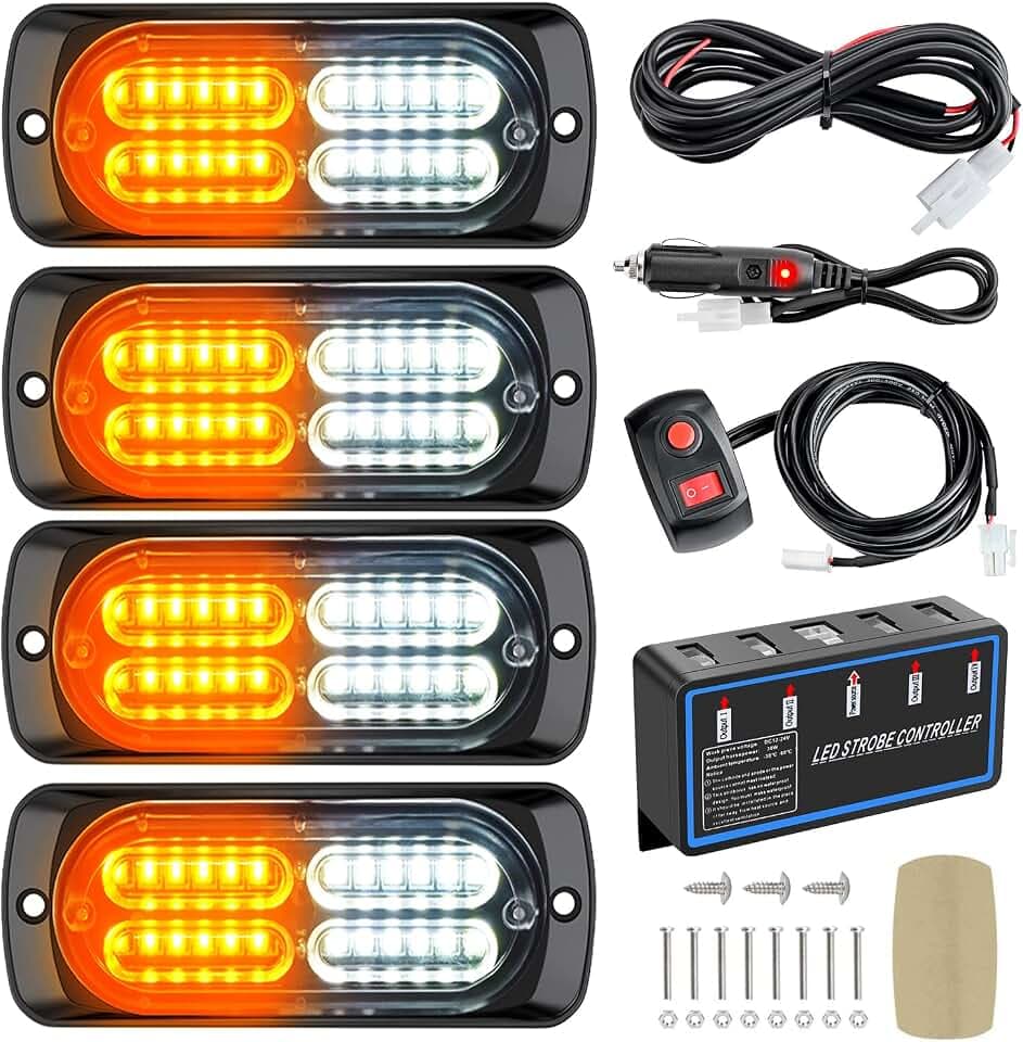 Nilight 4PCS LED Strobe lights 12V Sync Feature Amber White 24LED Emergency Hazard Warning Lights with Controller Hard Wire or Cigarette Lighter Plug for Car Truck RVs Campers