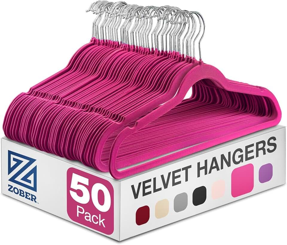 ZOBER Premium-Qualität, platzsparende Samt-Kleiderbügel, stark und langlebig, hält bis zu 4,5 kg, 360 Grad drehbarer Haken – ultradünne, rutschfeste Anzugbügel, 50 Stück (rosa)