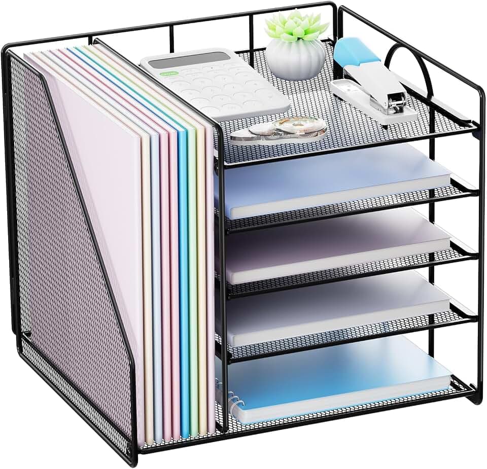 Schreibtisch Organizer mit Aktenhalter, 5-stöckiges Papier Briefkasten Organizer, Desktop Organizer und Aufbewahrung, Mesh Schreibtisch Organizer und Zubehör für Bürobedarf zu Hause,Schwarz