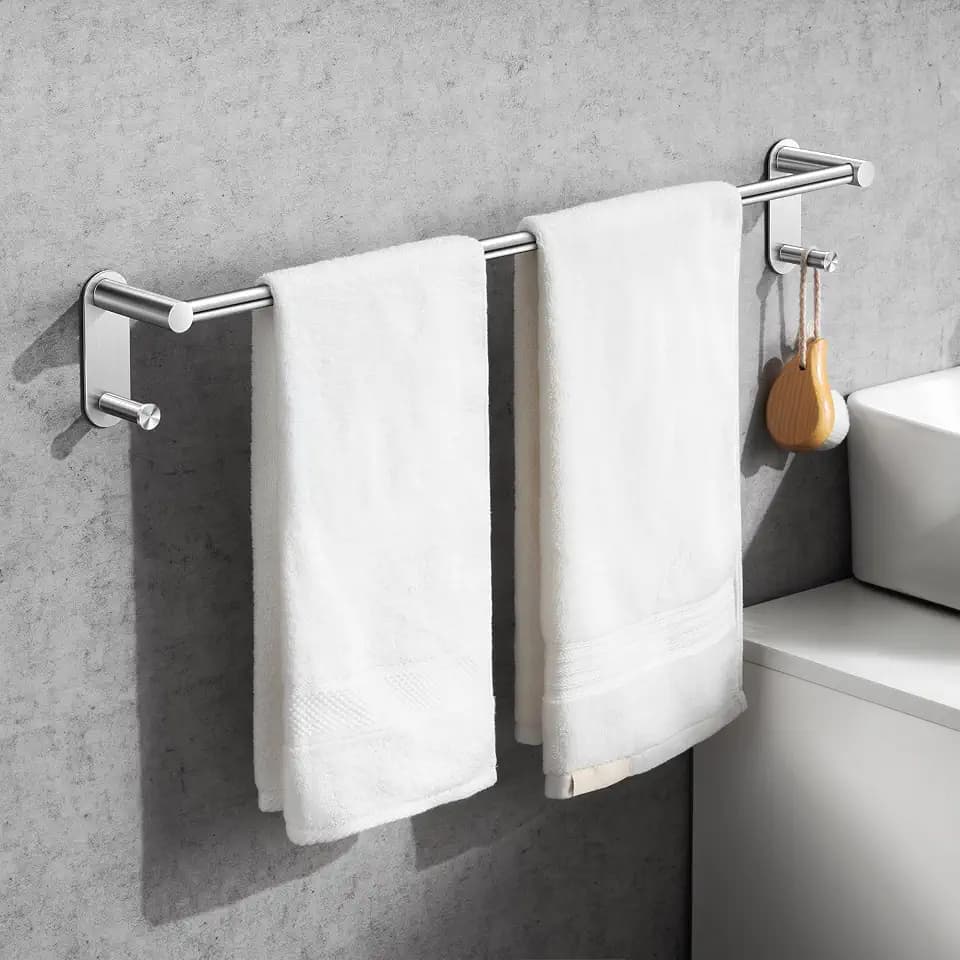 24 Inch Adhesive Towel Bar with 2 Hooks, No Drill, Brushed Nickel