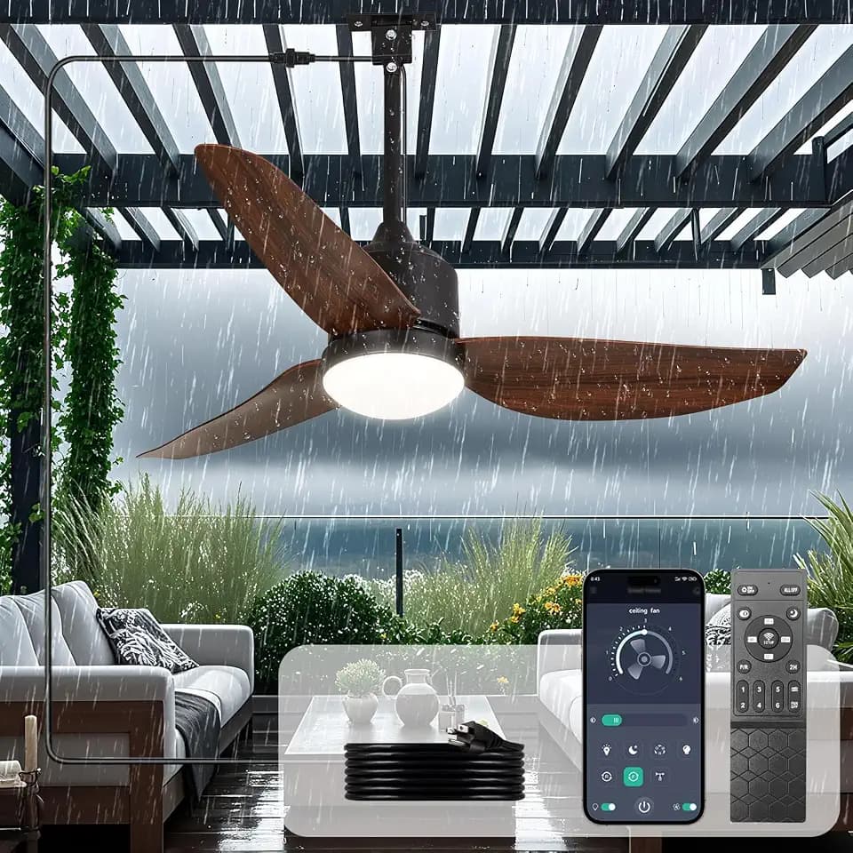Depuley Outdoor Ceiling Fan with Light: 42 Inch Waterproof Gazebo Fans with Lights Outdoor Hanging - Plug in Remote App Control for Patio Indoor Farmhouse Porch - 6 Speed Reversible DC Motor Walnut