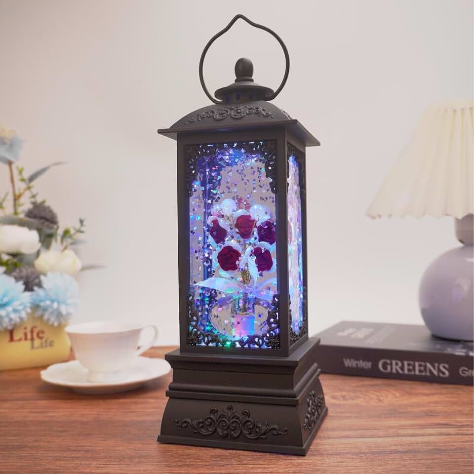 Red Rose Flower Snow Globe Lantern with RGB Color Changing Lights, Music & 6 Hour Timer, USB & 3AA Battery Powered, Gifts for Women, Mom, Grandma, Spring Summer Home Decor (B-Red Rose)