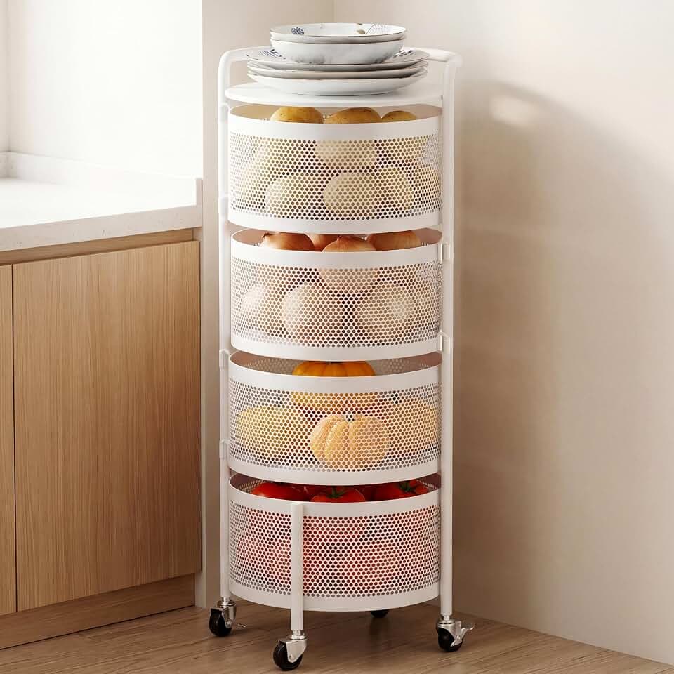 JAQ No Assembly White Rotating Kitchen Storage Rack, 4-Tier Metal Basket Organizer with Wheels, Fruit & Vegetable Storage Cart for Pantry, Potato and Onion Storage, White
