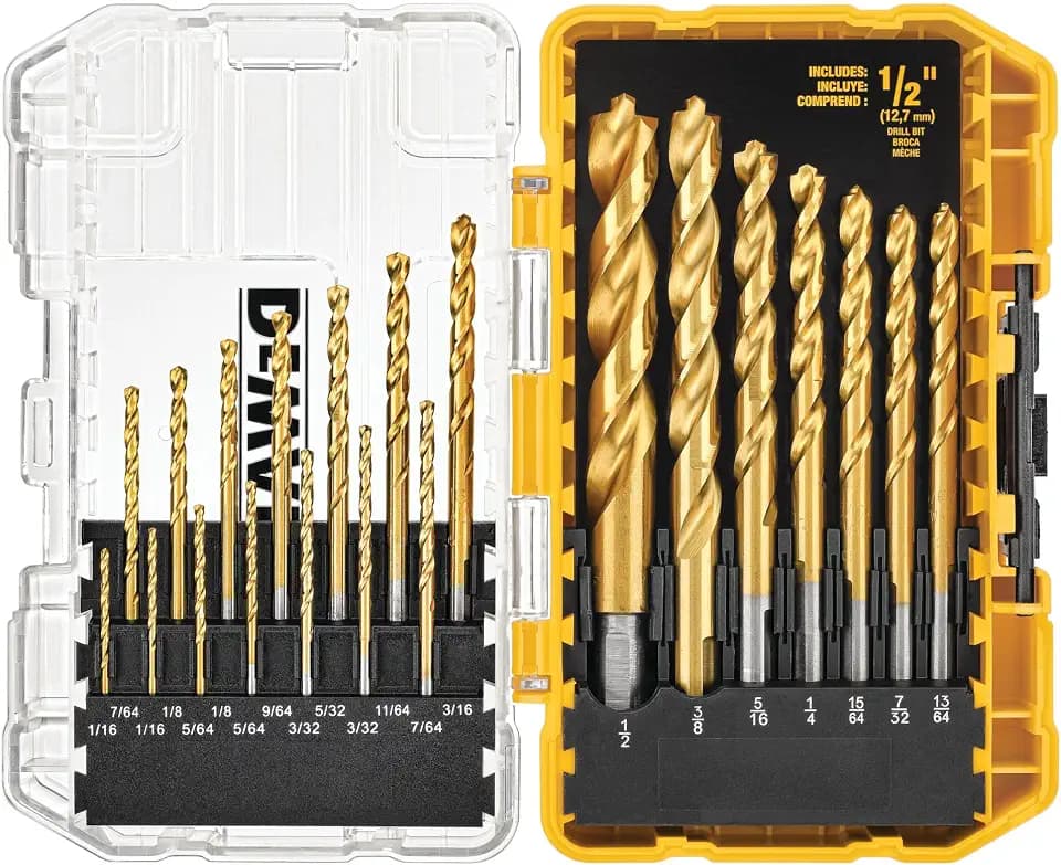DEWALT Drill Bit Set, 21 Pc. Titanium Nitride Coated Pilot Point DEWALT Bit Set with Case for Wood, Metal and Plastic (DW1361)
