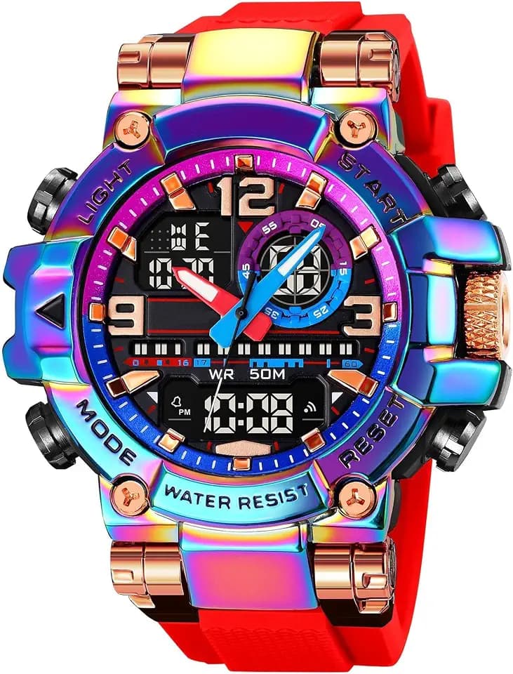findtime Mens Watch Sport Waterproof Watches Colorful Digital Analog Wrist Watch Military Tactical Outdoor Big Face Watches Unique Wristwatch with LED Stopwatch Countdown Alarm Dual Time