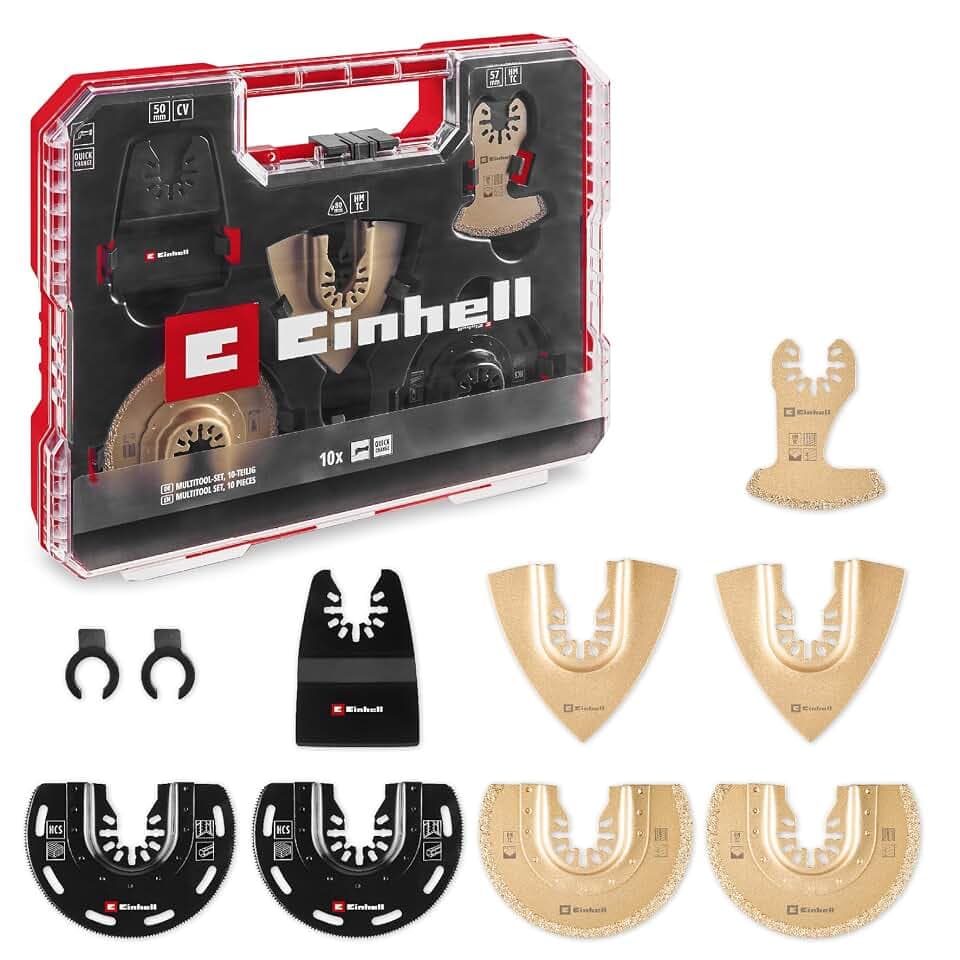 Einhell XL-PLUS-CASE 10-tlg. Multitool-Set | HCS/HM-Halbrund-Sägeblatt | HM-Delta-Raspel | HM-Segmentsägeblatt | starrer Schaber | Dremel-Adapter