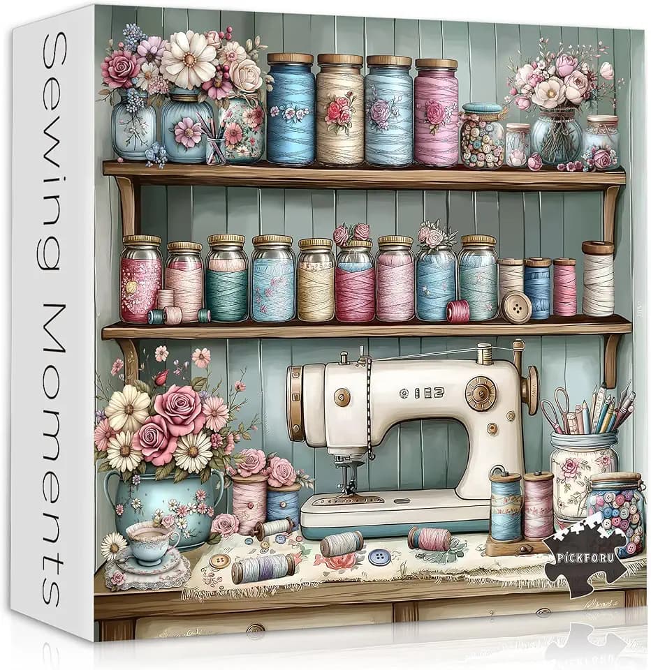 Vintage Sewing Machine 1000 Piece Puzzle for Adults，PICKFORU Sewing Puzzle Flower Thread Jars Teacup，Retro Floral Cozy Craft Room Challenge Jigsaw Puzzle