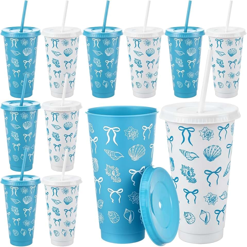 FoldTier 12 Pcs 24 oz Blue Bow Seashell Plastic Cup with Straw Lid