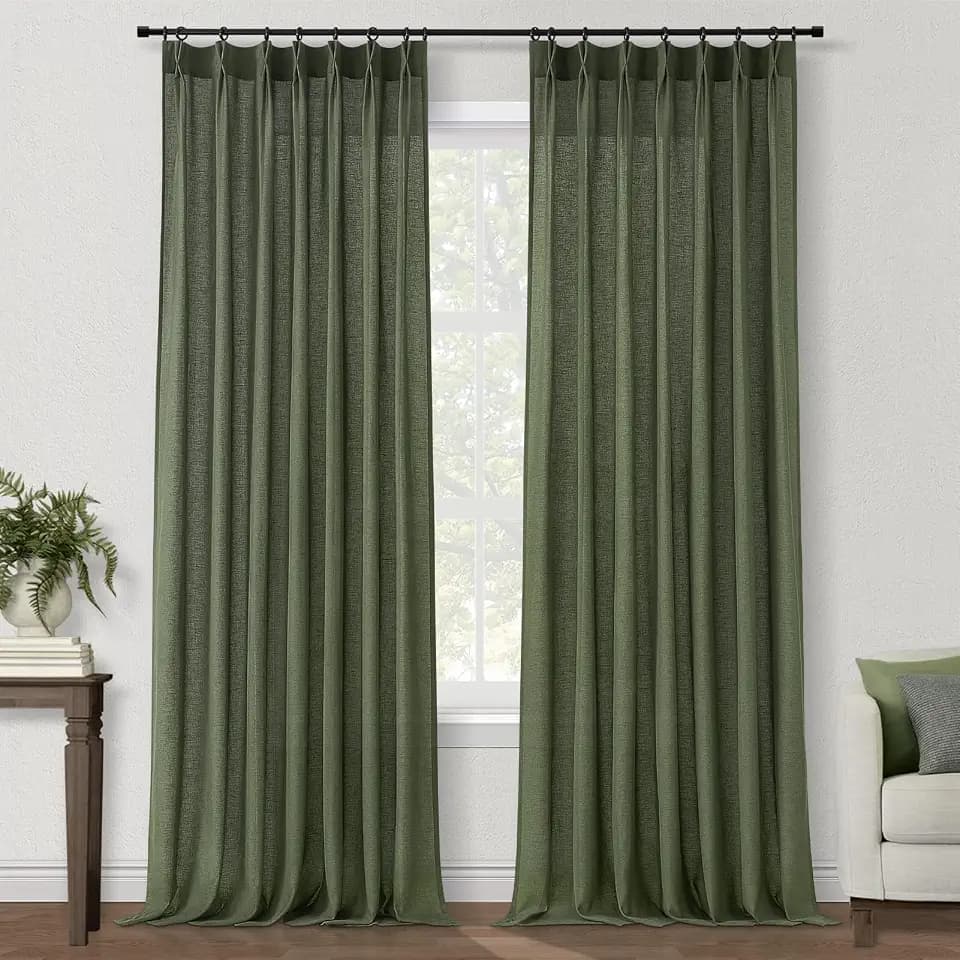 Topfinel 72 Inch Length Linen Curtains for Living Room 2 Panels Set,Olive Green Pinch Pleated Back Tab/Hook Belt/Clip Rings Curtains & Drapes Light Filtering Semi Sheer Drapes Boho Bedroom Decor