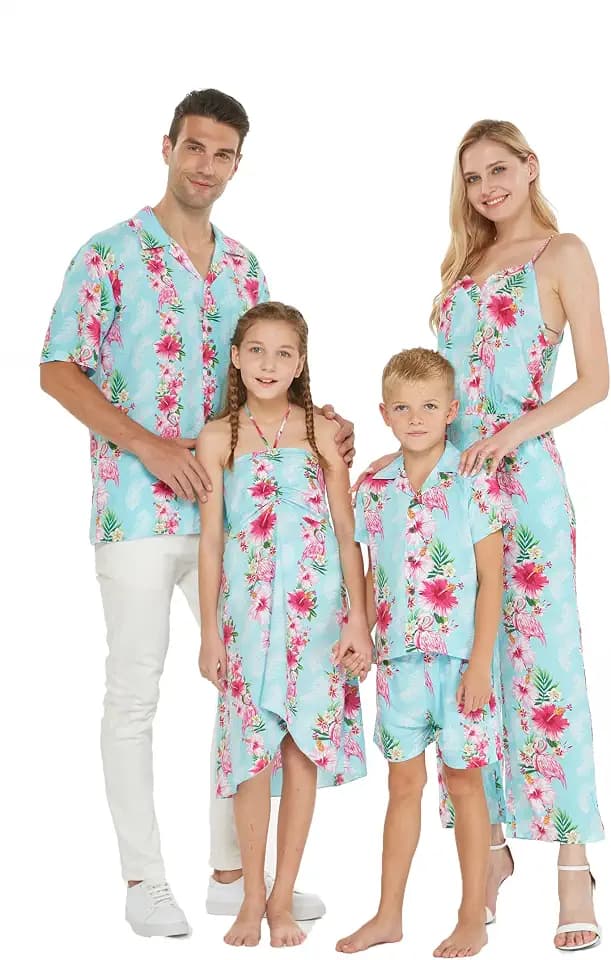 Hawaii Hangover Family Matching Clothes, Pink Hibiscus Vine Turquoise