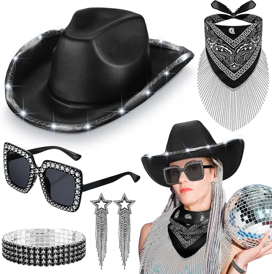 Panitay Set of 5 LED Cowboy Hat Set with Bandana, Sunglasses, Bracelets and Earrings Cowgirl Hat for Disco Cosplay Party (Black)