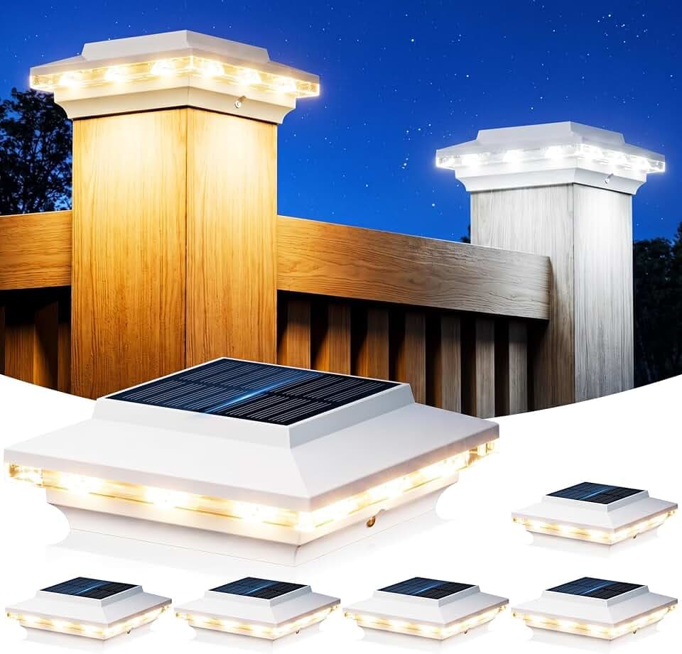 KOOPER 4x4 Solar Post Cap Lights Outdoor, 6 Pack Brighter Fence Post Solar Lights with 3X Bigger Solar Panel, 2 Modes Deck Fence Post Lights Solar Powered Waterproof Fits 4x4 3.5x3.5 Vinyl Wooden Post